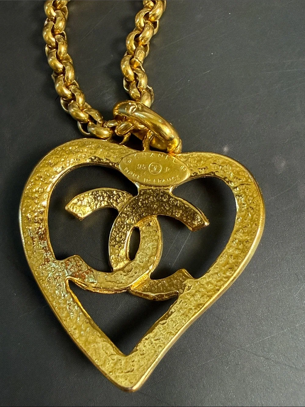 CHANEL Gold Heart Pendant Necklace with Interlocking CC